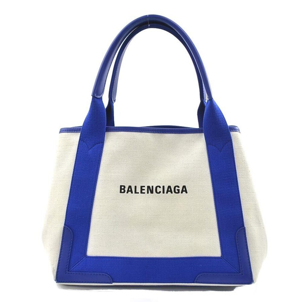Balenciaga Navy Blue Cabas Shoulder Tote Bag Canvas Leather Beige Tan Blue - Picture 2 of 4